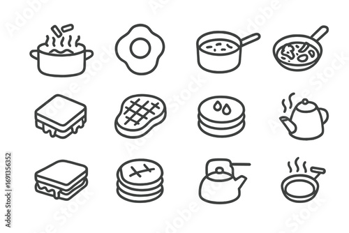 Kitchen Icon Set. Outline icon set of common stovetop foods: boiling pasta pot, fried egg, simmering soup,