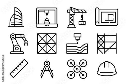 Futuristic Architecture Icons. Outline icon set of Futuristic architecture design: futuristic building, 3D