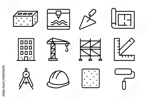 Concrete Icon Set. Outline icon set of Concrete texture and patterns: concrete block, 3D printer, trowel,
