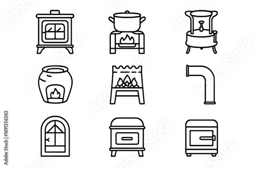 Traditional Stove Icons. Outline icon set of traditional stoves: cast iron stove, wood-fired burner, kerosene