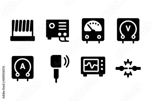 Induction Experiment Icons. Solid, filled icon set of induction experiments: lab coil, power supply, voltmeter, ammeter, magnetic