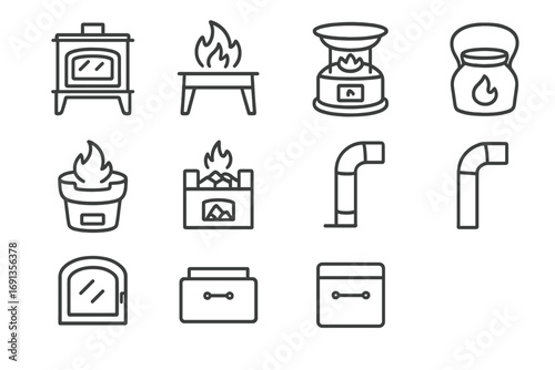 Traditional Stove Icons. Outline icon set of traditional stoves: cast iron stove, wood-fired burner, kerosene