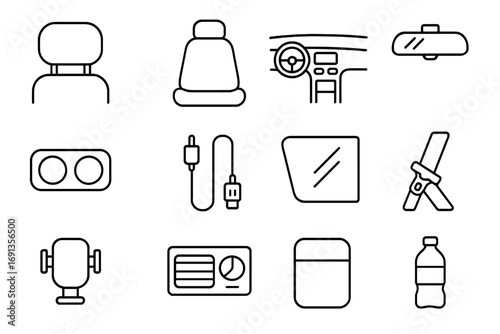 Ride-Sharing Icons Set. Outline icon set of Ride-sharing car interior: headrest, front seat, dashboard,