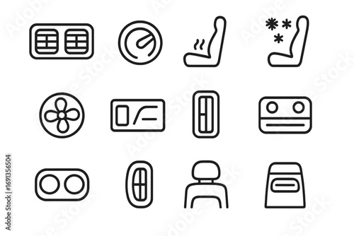 Car Interior Icons. Outline icon set of Car interior climate control from back seat: air vents, temperature