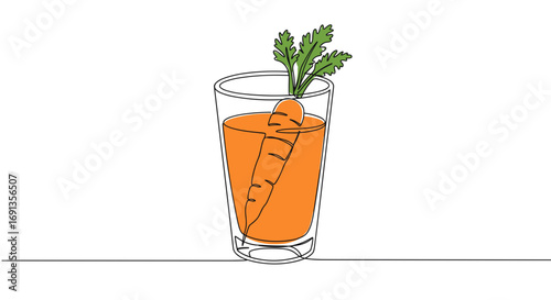 Fresh carrot juice in glass with carrot garnish in monoline style, transparent background  