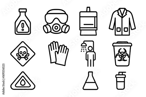 Chemical Safety Icons. Outline icon set of chemical safety: chemical bottle, safety mask, fume hood, lab coat,