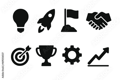 Initiative Icons Set. Solid, filled icon set of initiative concepts: lightbulb, rocket launch, flag planting, handshake, target,