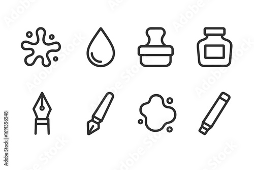 Ink Tools Icons. Outline icon set of ink effects and tools: ink splash, ink drop, ink pad, ink bottle, fountain pen, calligraphy