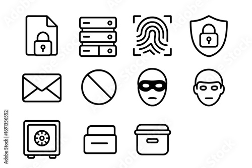 Confidentiality Icon Set. Outline icon set of confidentiality in jobs: locked file, secure server, fingerprint