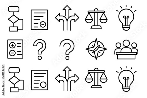 Decision-Making Ethics Icons. Outline icon set of decision-making ethics: flowchart, crossroad arrows, scale