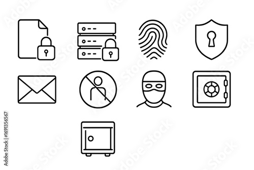 Confidentiality Icon Set. Outline icon set of confidentiality in jobs: locked file, secure server, fingerprint