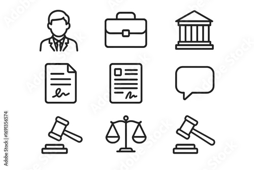 Legal Icon Set. Outline icon set of legal assistance: lawyer, briefcase, courthouse, signed paper, contract,