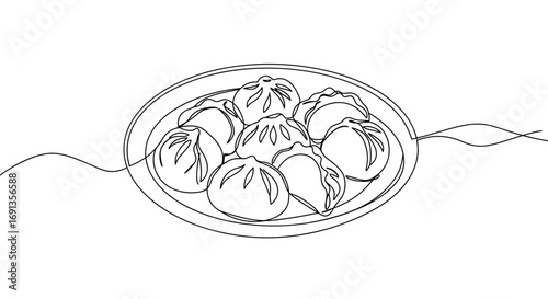 Delicious dumplings on a plate in monoline style, transparent background  