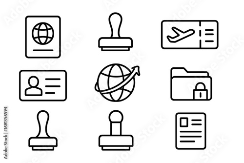 Travel Document Icons. Outline icon set of international travel documents: passport, visa stamp, boarding pass
