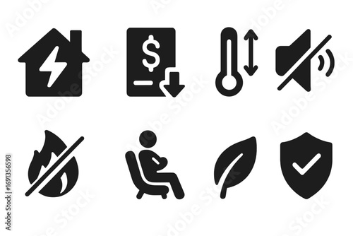 Insulation Benefits Icons. Solid, filled icon set of insulation benefits: energy saving, lower bills, temperature control, noise