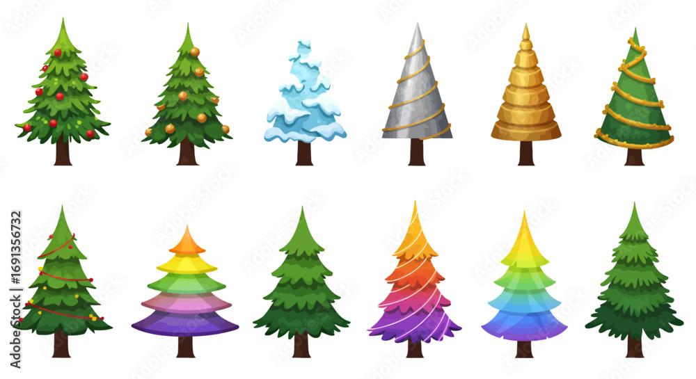Obraz premium A collection of twelve different cartoon Christmas trees in various styles and colors.