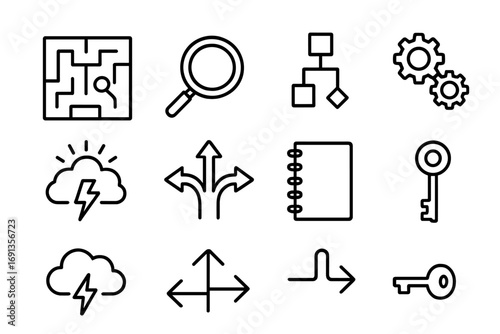Problem Solving Icons. Outline icon set of problem solving after mistakes: maze, magnifying glass, flowchart,