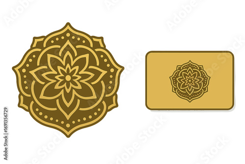 Golden mandala logo business card. Vector template set. Luxury floral ornament for branding. Ethnic arabic indian spiritual symbol. Yoga spa beauty salon identity. Geometric pattern.