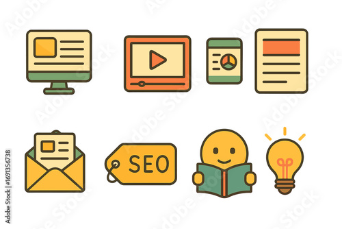 Content Marketing Icons. Flat vector mini-illustrations content marketing strategies in colors children's
