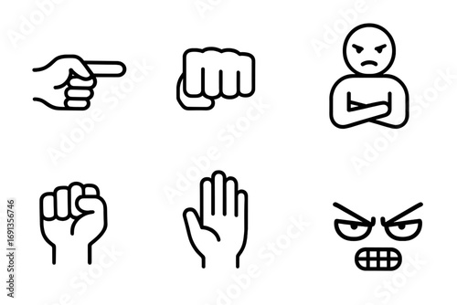 Intimidation Gesture Icons. Outline icon set of intimidation gestures: pointing finger, fist bump, thumb down, crossed arms,