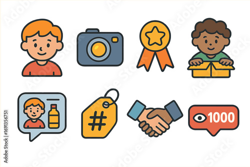 Influencer Strategy Icons. Flat vector mini-illustrations influencer collaboration strategies in colors