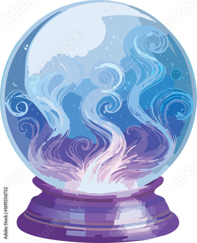 A magical crystal ball with swirling purple and blue mist inside. A vector illustration for fortune telling, magic, fantasy, and Halloween concepts. Generative AI