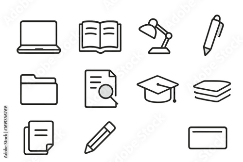Study Task Icons. Outline icon set of study and work tasks: laptop, open book, desk lamp, writing pen, file