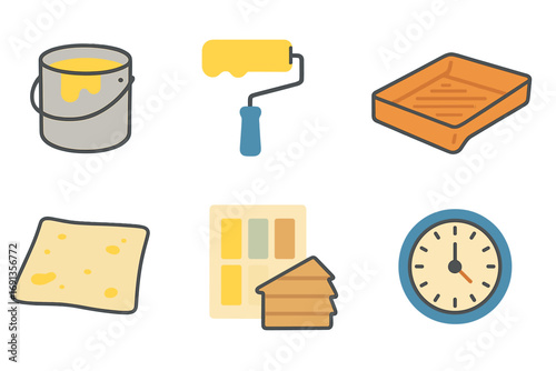 Mini Paint Tools Icons. Flat vector mini-illustrations painting and finishing new siding in colors children's