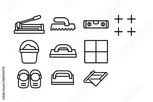 Tiling Equipment Icons. Outline icon set of tiling equipment: tile cutter, notched trowel, level, spacers,