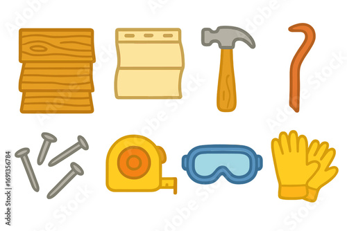 Home Renovation Tools. Flat vector mini-illustrations replacing old siding on the house in colors children's