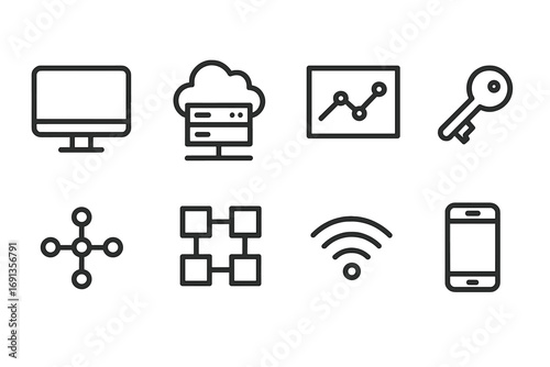 Investment Tech Icons. Outline icon set of investment fund technology: computer, cloud server, analytics chart, encryption key,
