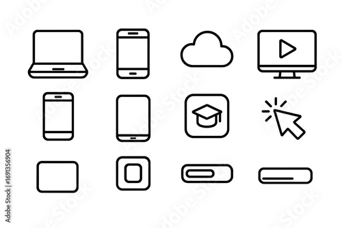 Digital Learning Icons. Outline icon set of digital learning goals: laptop, mobile phone, cloud storage,