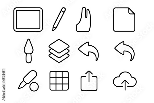 Digital Toolkit Icons. Outline icon set of digital calligraphy toolkit: tablet, stylus, tablet glove, screen protector, brush