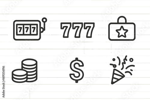 Jackpot Icons Grid. Outline icon set of jackpot symbols: slot machine, lucky seven, jackpot text, coin stack, dollar sign, star,