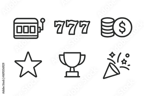 Jackpot Icons Grid. Outline icon set of jackpot symbols: slot machine, lucky seven, jackpot text, coin stack, dollar sign, star,