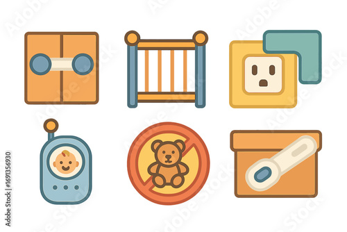 Child Safety Icons. Flat vector mini-illustrations child safety at home in colors children's illustrations: