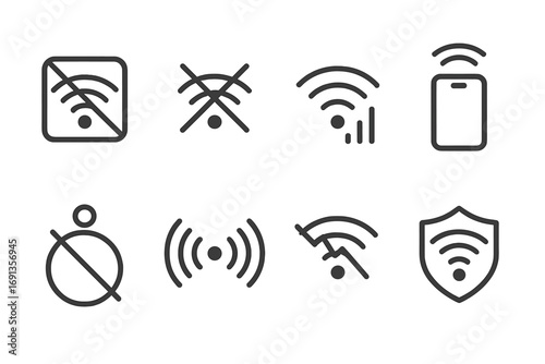 Jammer Signal Icons. Outline icon set of jammer signals: blocked signal, crossed waves, interference, signal loss, no connectivity