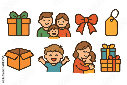 Family Gift Exchange. Flat vector mini-illustrations exchanging gifts at a family gathering in colors children