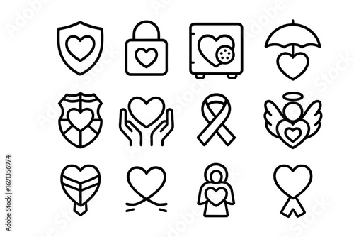 Protective Heart Icons. Outline icon set of protective heart icons: shield with heart, lock and heart, safe