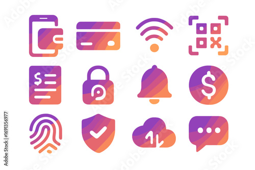 Digital Wallet Icons. Gradient icons set of digital wallet services: smartphone wallet, credit card, NFC symbol, QR code scanner,