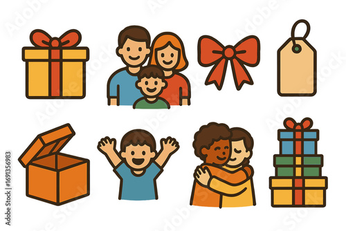 Family Gift Exchange. Flat vector mini-illustrations exchanging gifts at a family gathering in colors children