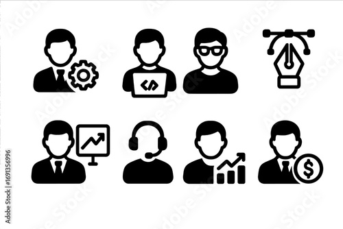 Job Roles Icons. Solid, filled icon set of job roles: manager, developer, designer, sales, support, marketer, analyst, executive.