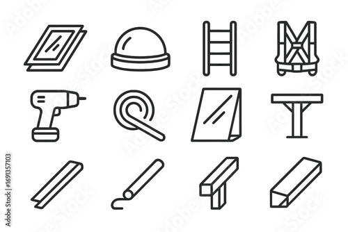 Skylight Installation Icons. Outline icon set of skylight and roof glass installation: roof window, dome