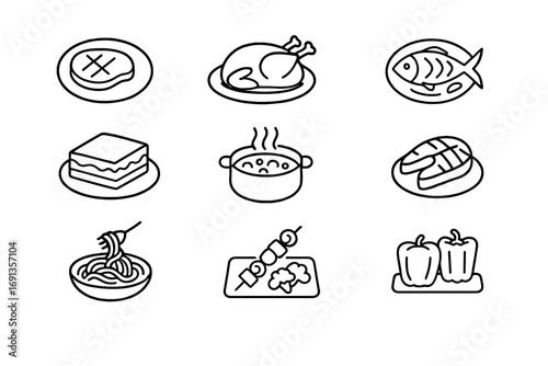 Dinner Meal Icons. Outline icon set of dinner meals: steak plate, roast chicken, baked fish, lasagna slice, curry pot, grilled