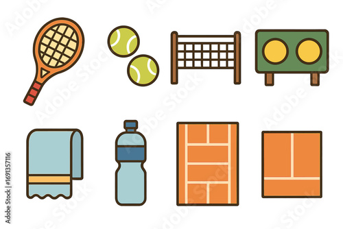 Tennis Preparation Icons. Flat vector mini-illustrations tennis match preparation in colors children's