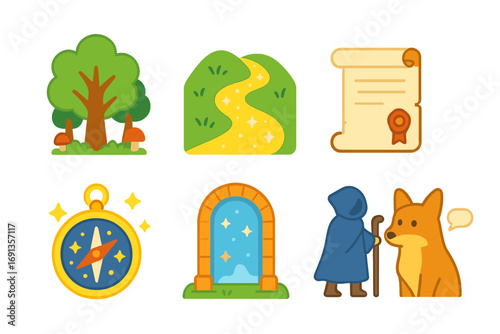 Mythical Journey Icons. Flat vector mini-illustrations mythical journeys in colors children's illustrations: