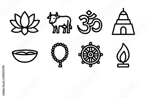 Hindu Icon Grid. Outline icon set of Hindu concepts of karma and dharma: lotus flower, sacred cow, Om symbol,