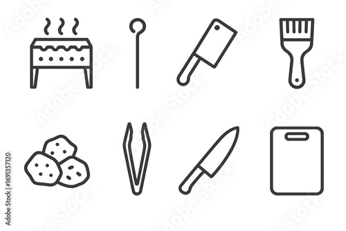 Kebab Tools and Nutrition Icons. Outline icon set of kebab preparation tools: grill, skewer stick, meat cleaver, basting brush,