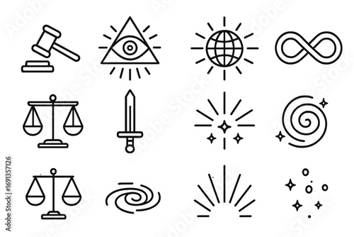 Cosmic Justice Icons. Outline icon set of symbols of cosmic justice: gavel, eye of providence, globe with rays