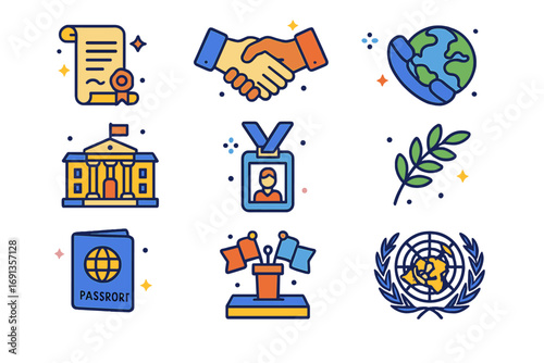 Diplomacy Icon Set. Colorful isometric vector icons set of diplomacy: treaty scroll, handshake, world map, embassy building,